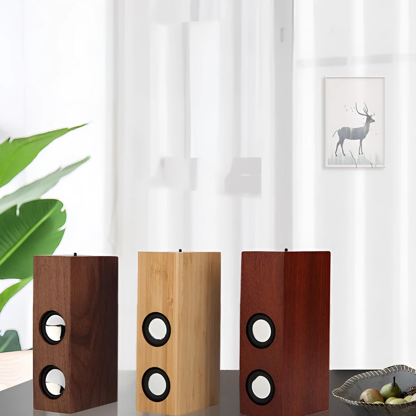 Retro wooden Bluetooth speaker in bamboo, black walnut or sapele wood finish showing USB port