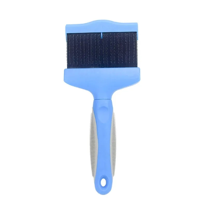 Double-sided pet brush with stainless steel pins in blue colour, showing ergonomic handle and flexible brush head