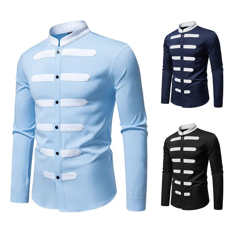 Men's casual long sleeve shirt with black and white stitching, slim fit, cardigan style, polyester fabric