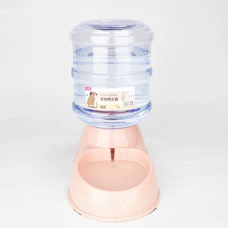 Automatic pet feeder and cat drinker set with plastic feeding trough and drinking trough in grey