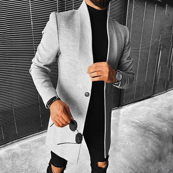 Men's grey woolen mid-length coat with stand-up collar