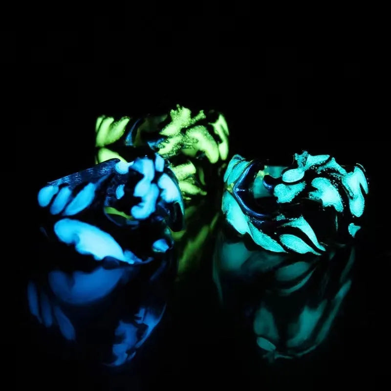 Adjustable Chinese style ring with luminous dragon pattern in antique silver blue and green electroplated metal