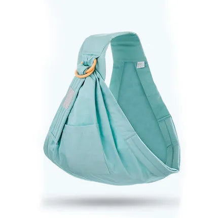 Baby wrap carrier sling in blue-green cotton mesh fabric, adjustable for newborn to 36 months, 50kg capacity