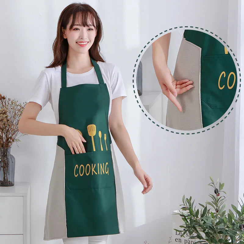 Korean-style sleeveless kitchen apron in black with coral velvet lining and bear print detail.