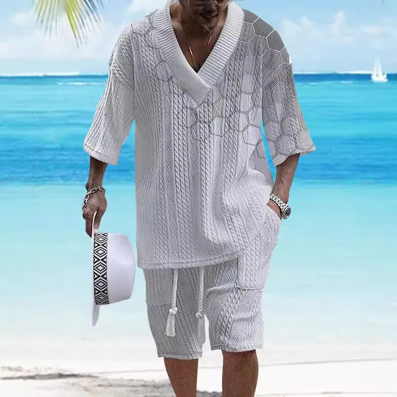 Men's knitted shorts suit with drop-shoulder short-sleeved top and matching shorts in printed design