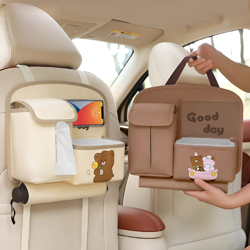 Multifunctional car storage bag in leather with hanging design in Classic Black colour