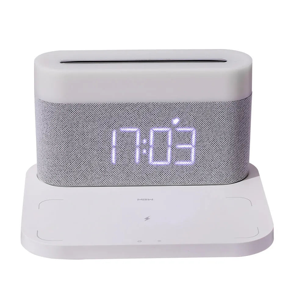 Black and white wireless charger desktop clock with night light and modern minimalist design