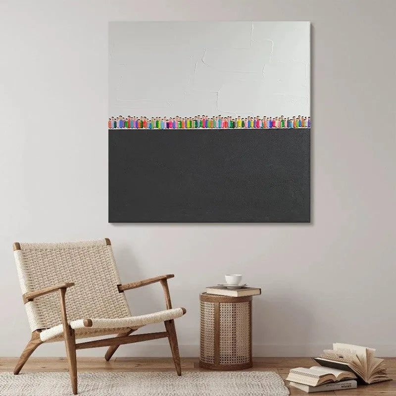 Hand painted modern abstract oil painting on canvas with textured character design in square format for living room wall art