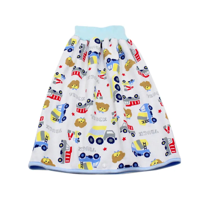 Baby girl wearing a multi-colour waterproof cotton diaper skirt with elastic waistband for belly protection