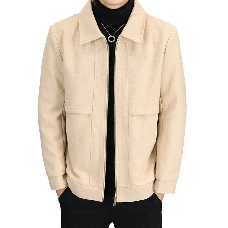 Men's casual polo collar jacket in cotton blend fabric showing side seam pockets