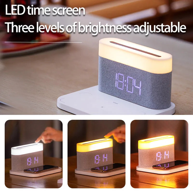 Black and white wireless charger desktop clock with night light and modern minimalist design