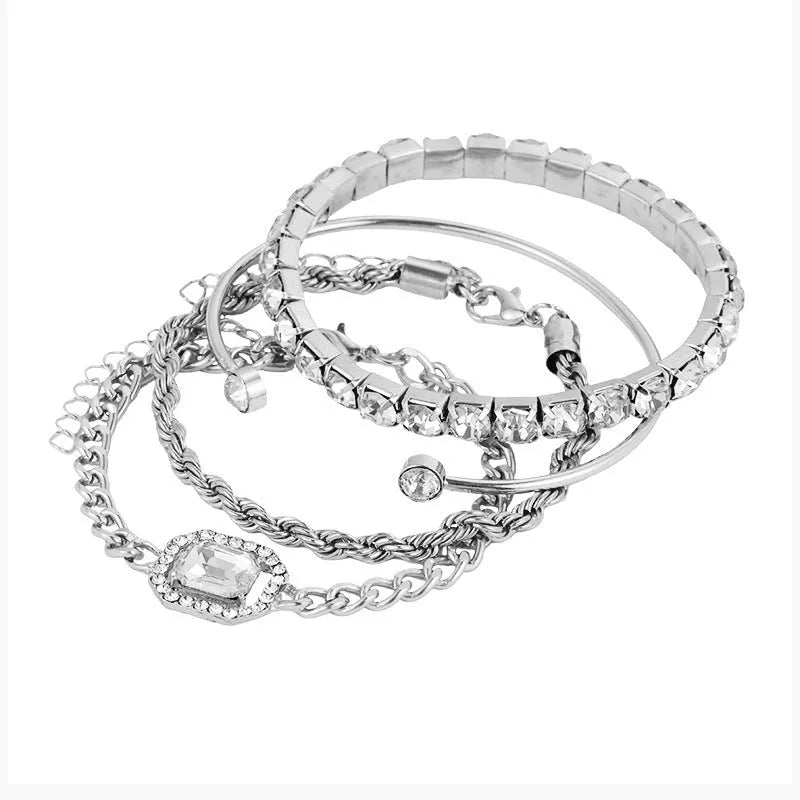 Set of 4 crystal bracelets - bohemian design, adjustable alloy, rhinestones, women's jewelry