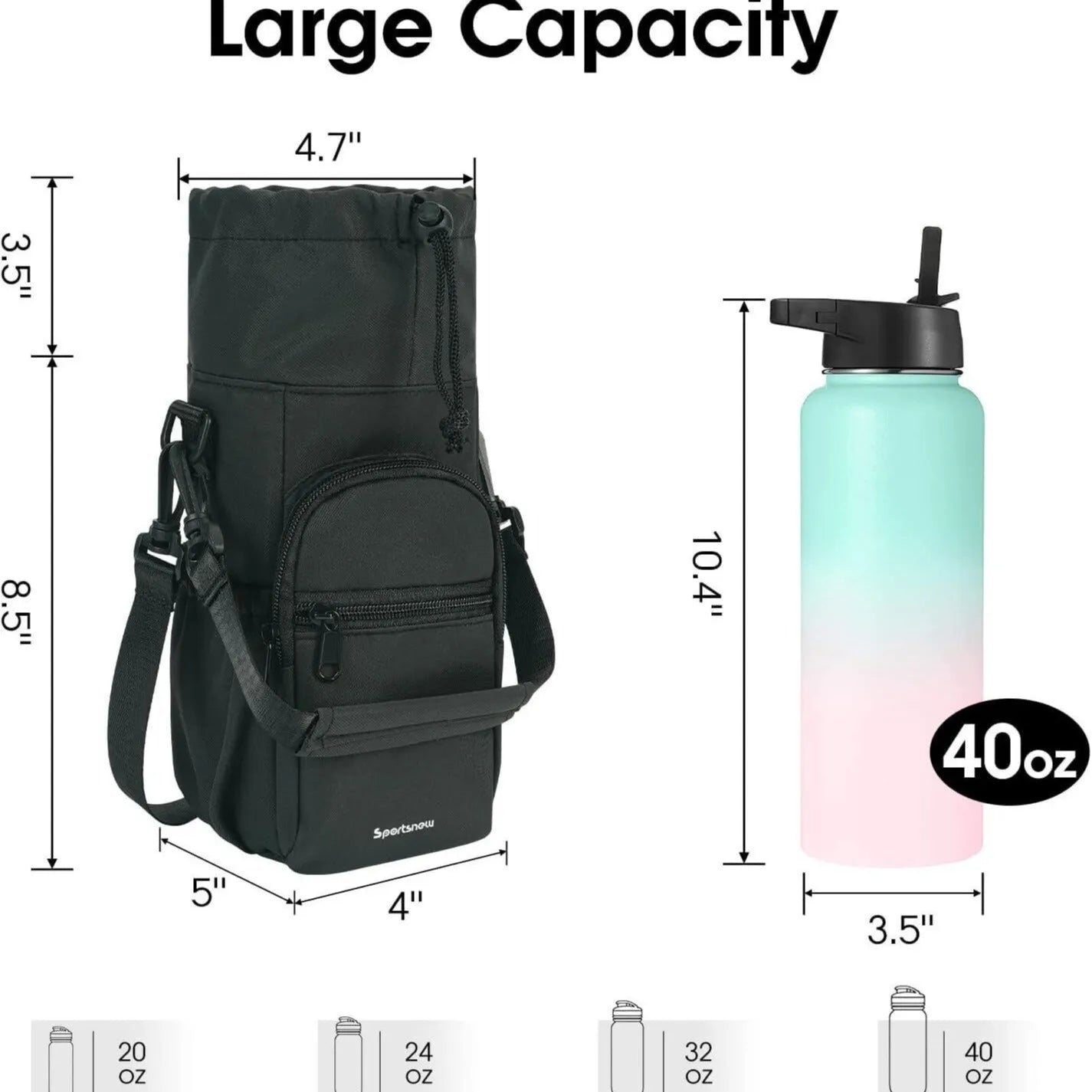 Cloth crossbody water bottle shoulder pouch in black, green, or pink colour.
