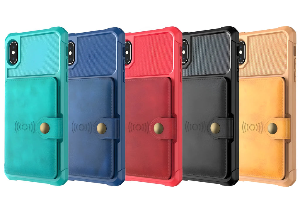 Slim geometric patterned smartphone case in five colour options: black, blue, gold, green, and red.