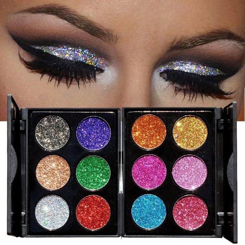 Sequin eye shadow tray with 6 colour palette, compact 10 cm by 7.8 cm, smooth silk texture