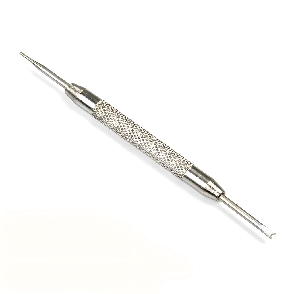 Stainless steel spring bar remover tool with dual tips, 8.5cm long, for watch band repair