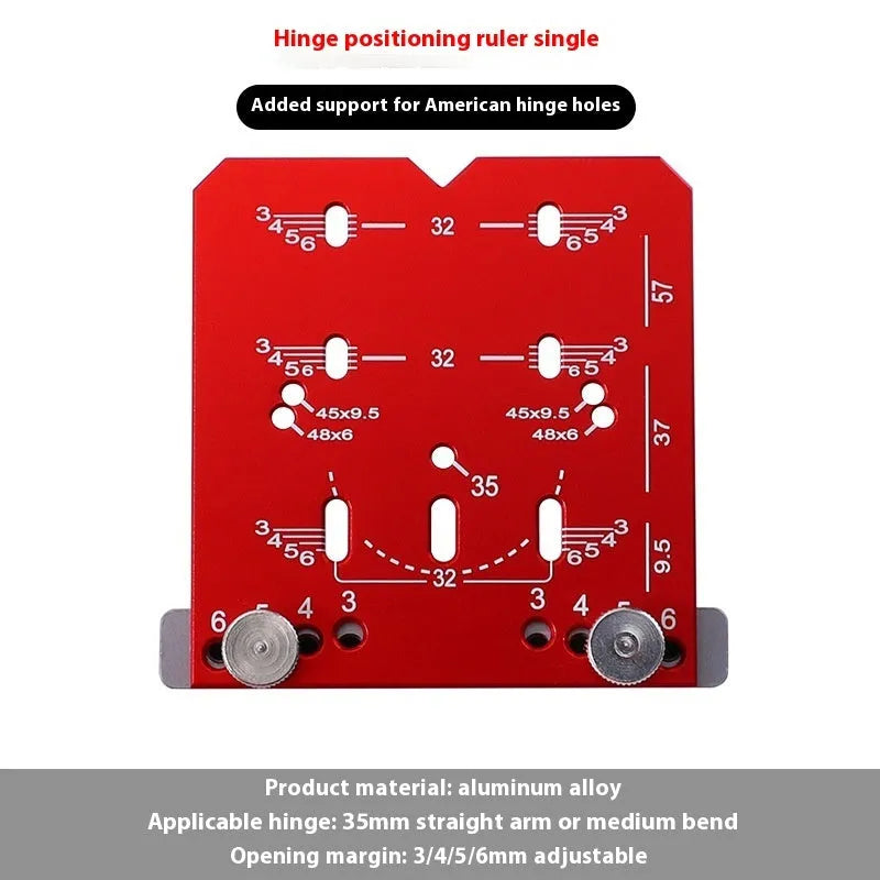 Red aluminium alloy hinge punch locator tool with adjustable margin settings for 35mm cabinet hinges
