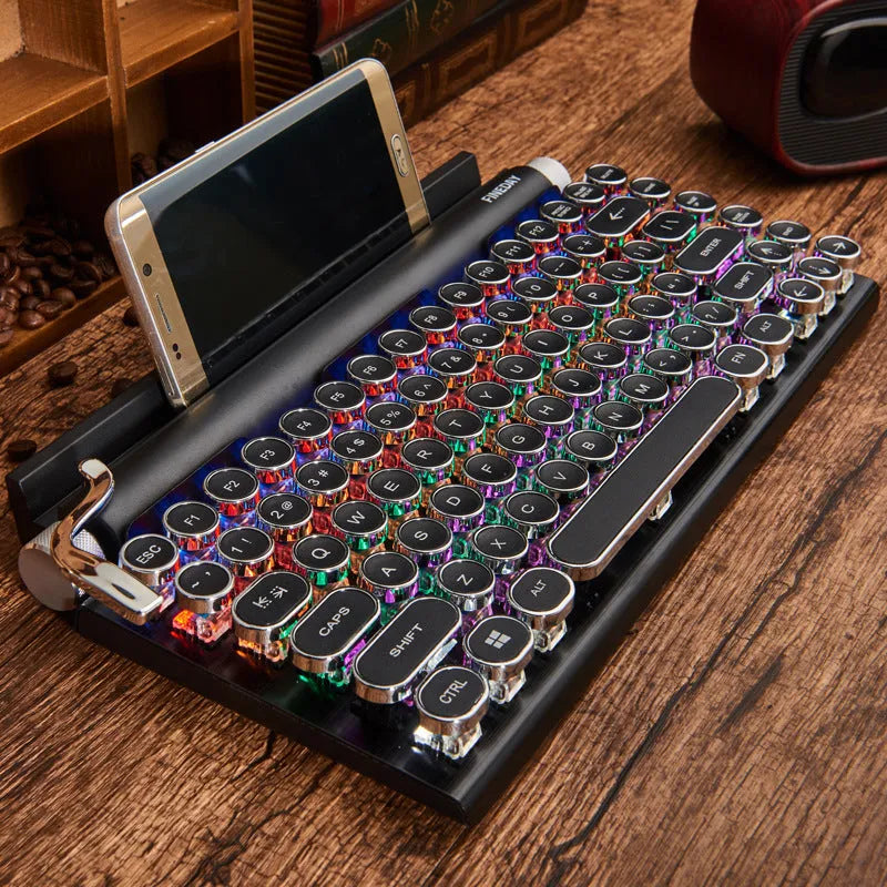 Black retro typewriter mechanical keyboard with Bluetooth connectivity and seven-colour backlight