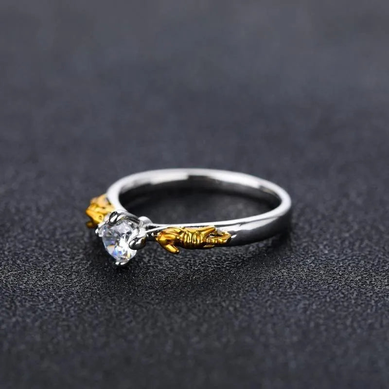 Copper crown cosplay ring with black gold finish and crystal details.