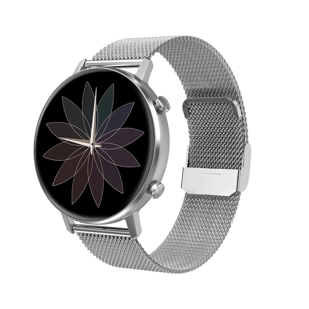 DT96 smart bracelet with colour screen and silver steel strap on a wrist