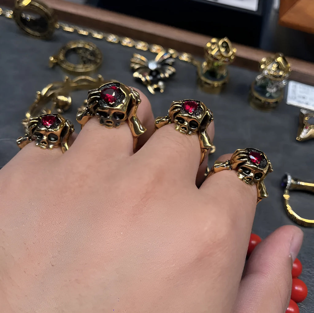 Copper skull ring men unisex adjustable opening retro style with Love Brain colour electroplated finish