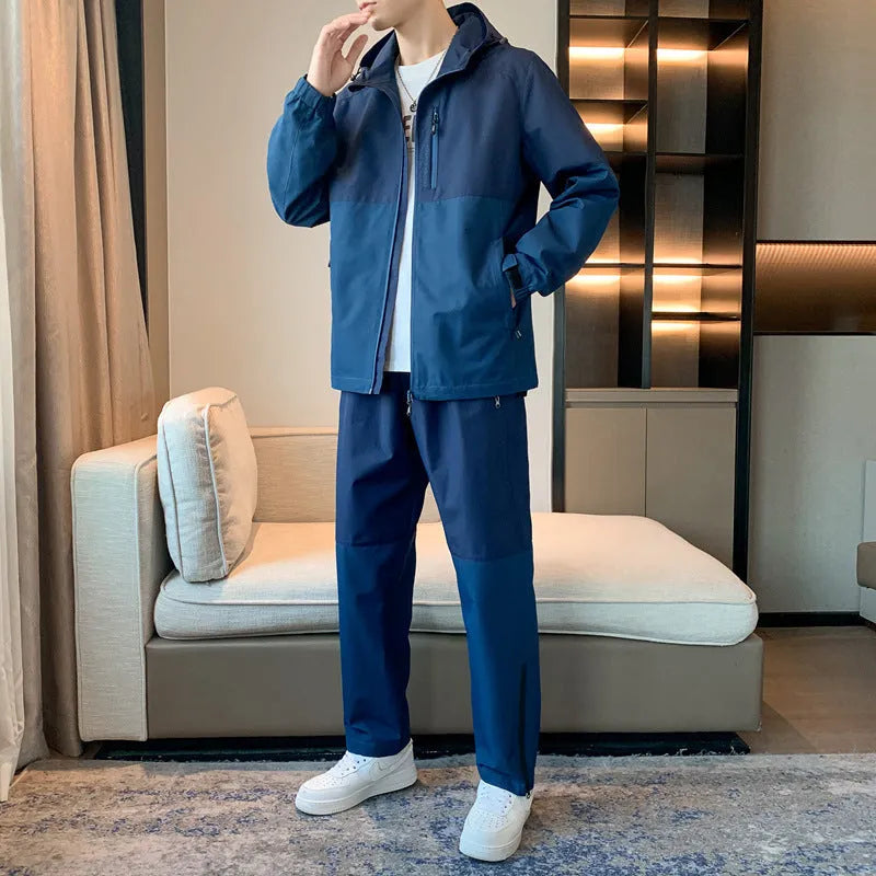 Men's casual hooded suit set with long-sleeve jacket and jogger pants in chemical fibre blend, multiple colour options, sizes M to 5XL
