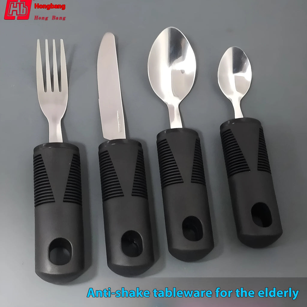Stainless steel adaptive cutlery set with rubber handles for elderly tremor assistance