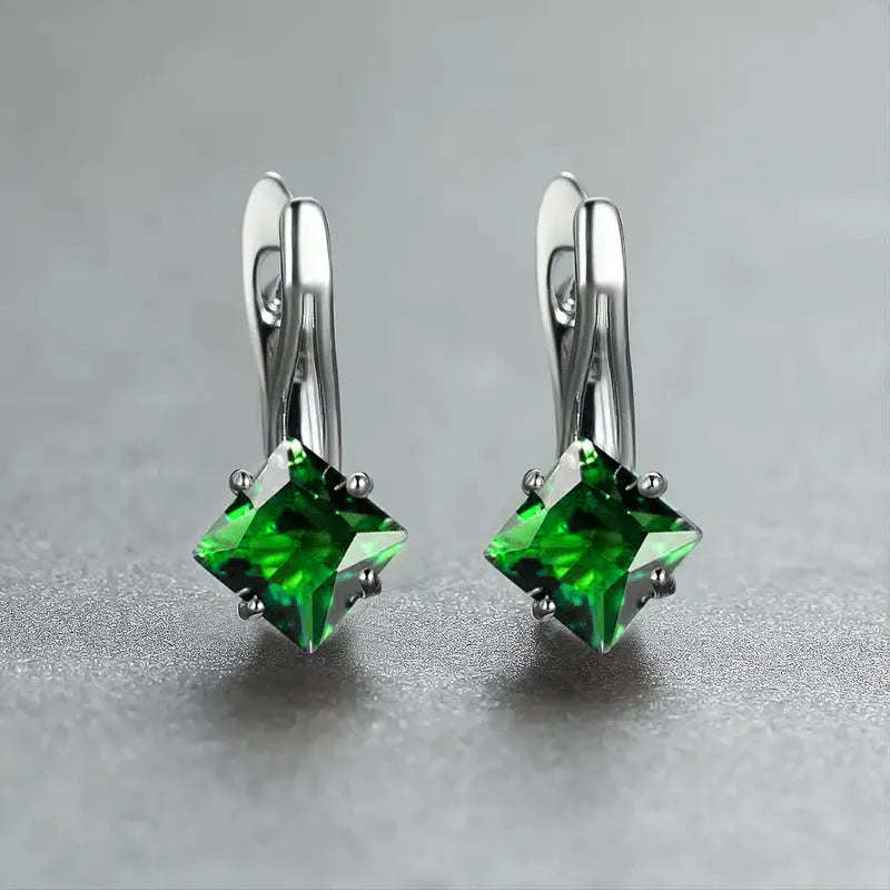 Women's diamond design earrings with zircon inlay on copper base in blue, green and colour options