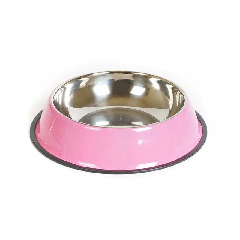Dual-part stainless steel and melamine pet bowl with non-slip silicone base in assorted colours
