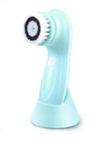 Rechargeable waterproof electric face brush in blue on a white background with USB charging cable