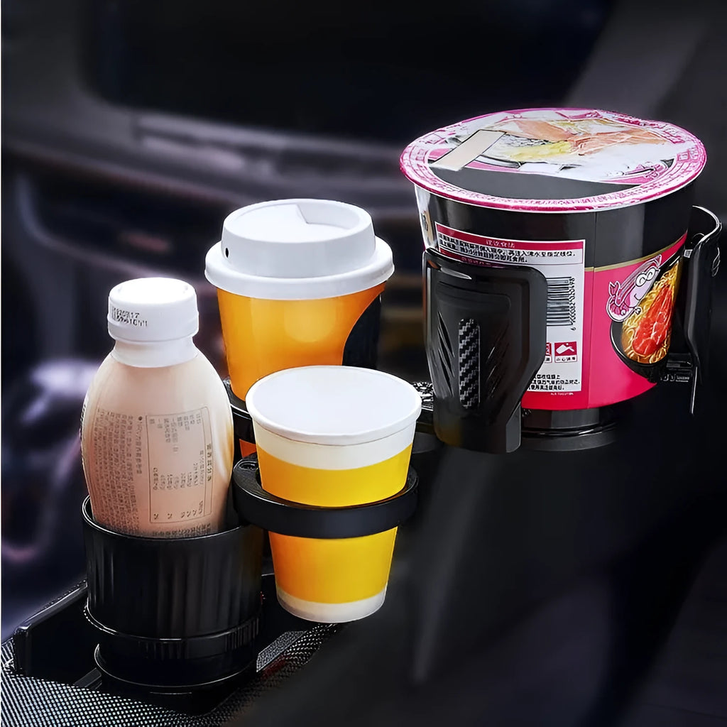 Black retractable car cup holder made of ABS plastic with adjustable base.
