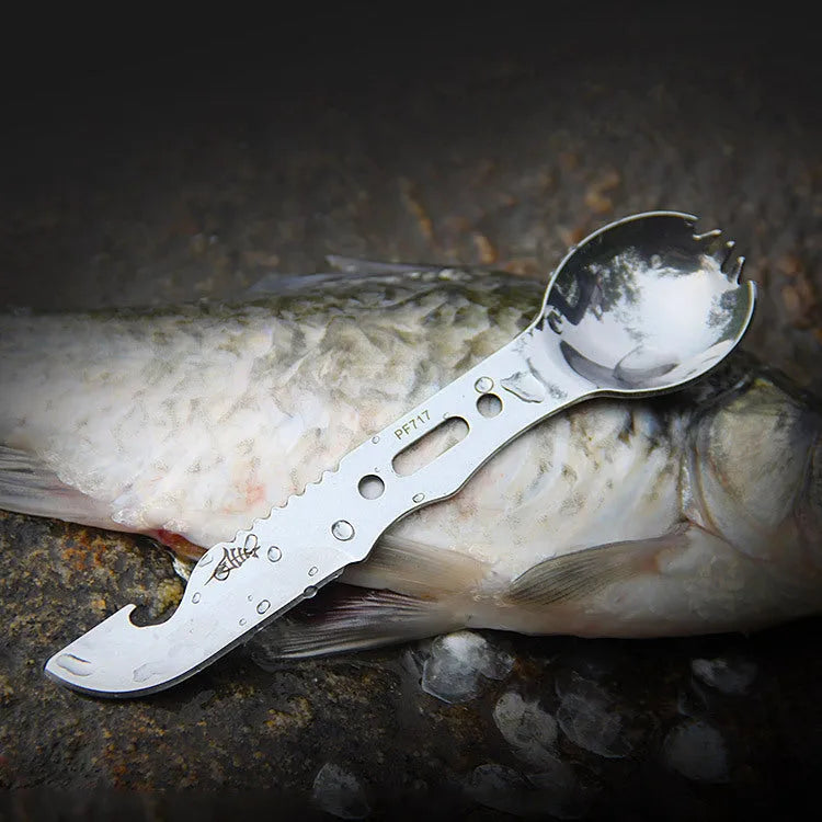 3Cr13 stainless steel outdoor spoon fork knife set with whistle 15.7cm camping tool black colour