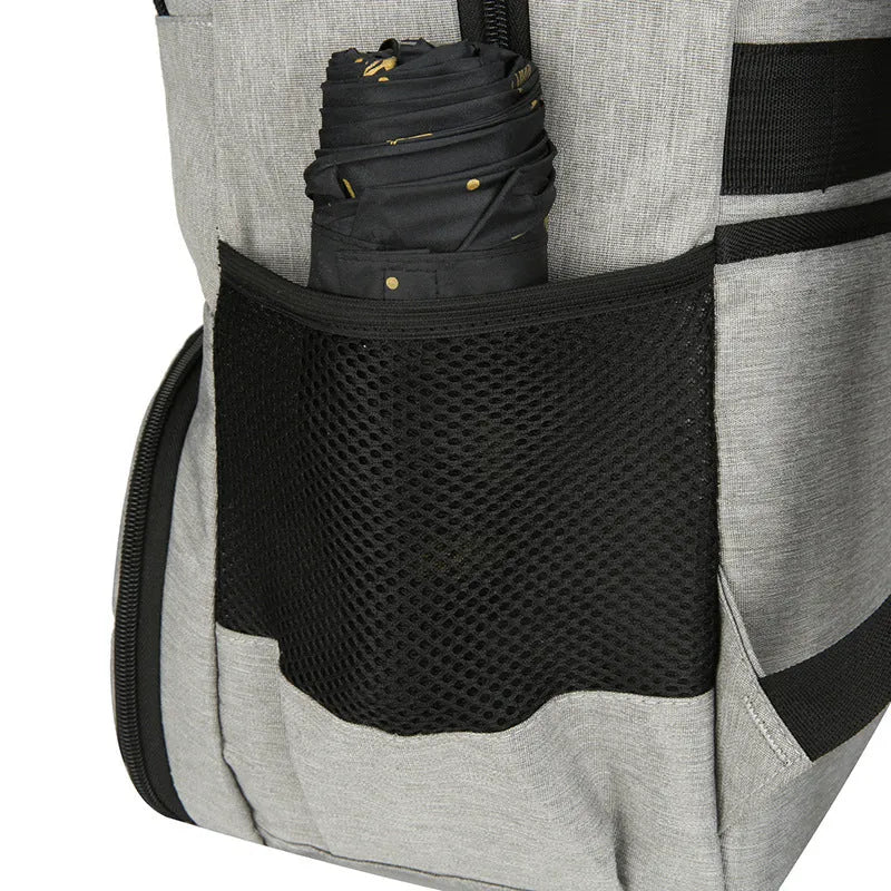 Light grey insulated Oxford cloth backpack with curved shoulder straps, showing dry wet separation compartments.