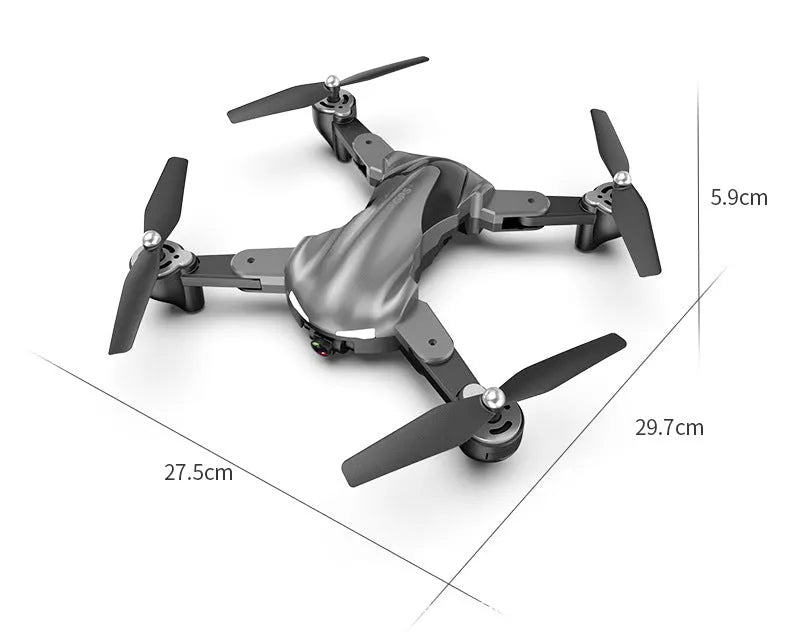 Black and gray four axis drone with 1080P camera, 33.2 cm width, on a plain background