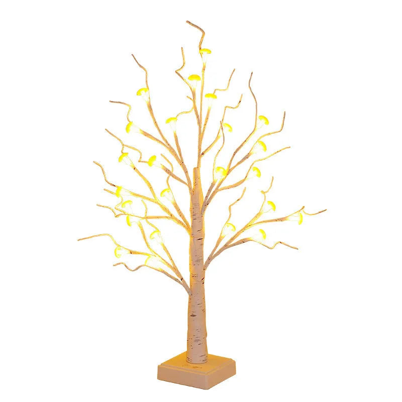 60cm tall white birch tree LED lamp with 24 small lit mushroom flowers on its branches.