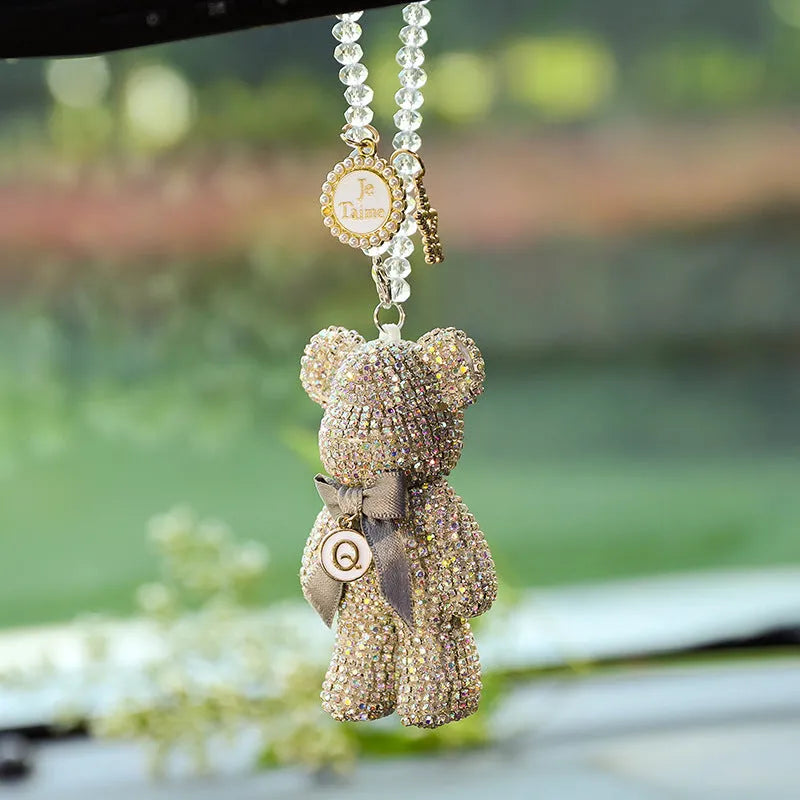 Diamond-embedded violent bear car rearview mirror pendant ornament in black, white, or mixed pastel.