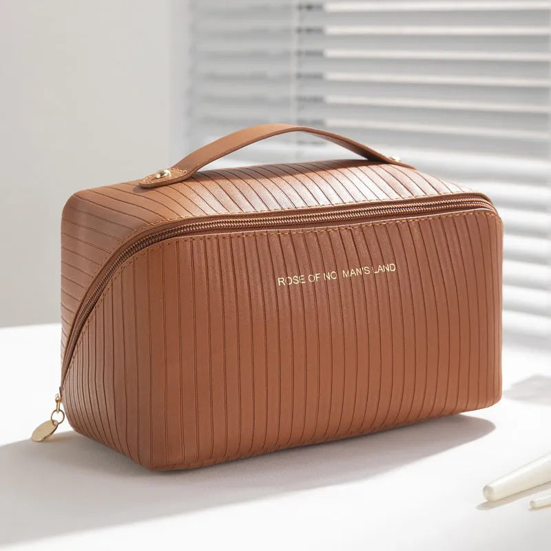 Vertical pattern cubic makeup bag in soft PU leather with 22.5cm by 12.5cm dimensions