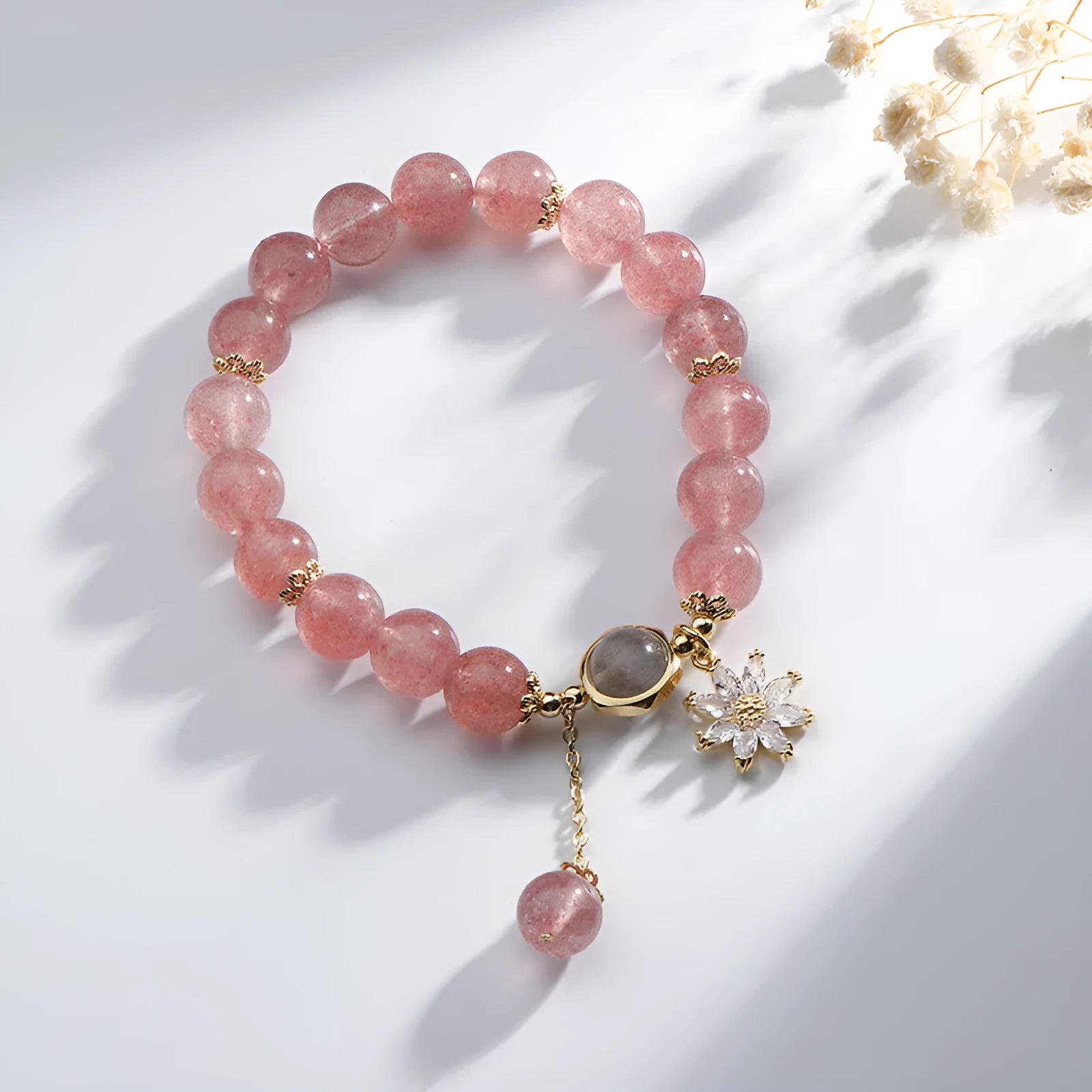 Strawberry quartz crystal bracelet with floral bead designs in Korean Mori style