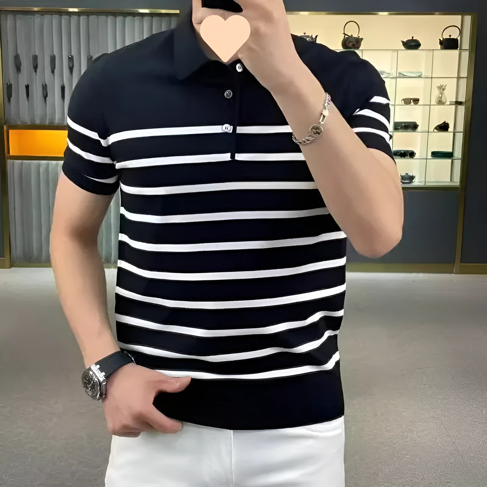 Men's black and white striped lapel knitted t-shirt with pullover style