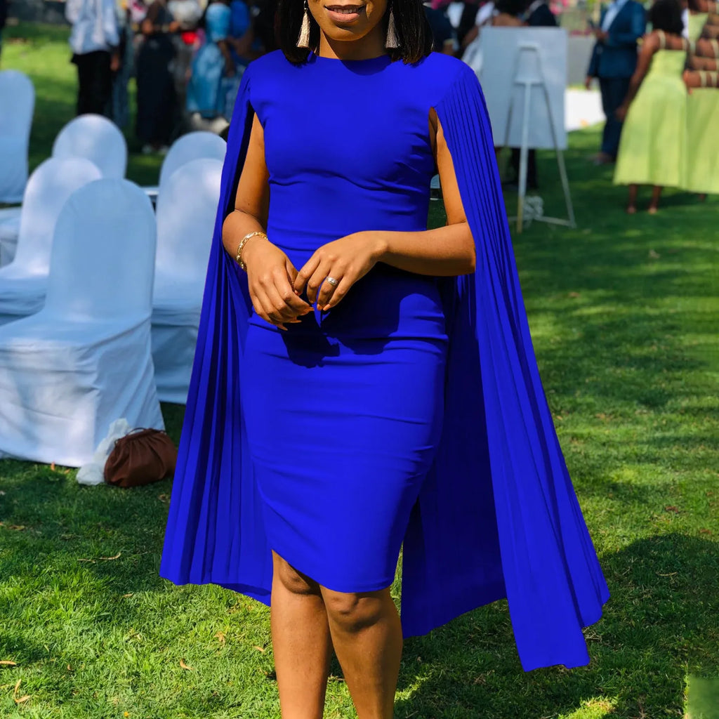 Women's pleated evening gown with round neck and long sleeves in high-waist design
