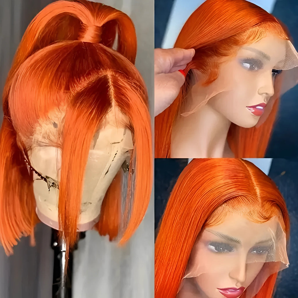 Straight ginger orange bob wig human hair 13x4 lace front natural style for ladies