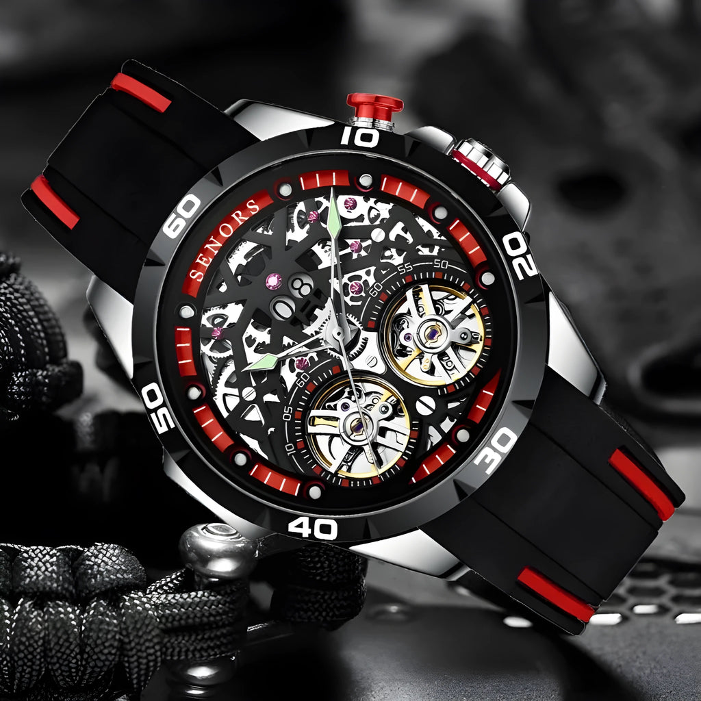 Men's automatic mechanical watch with hollow skeleton dial and luminous markers