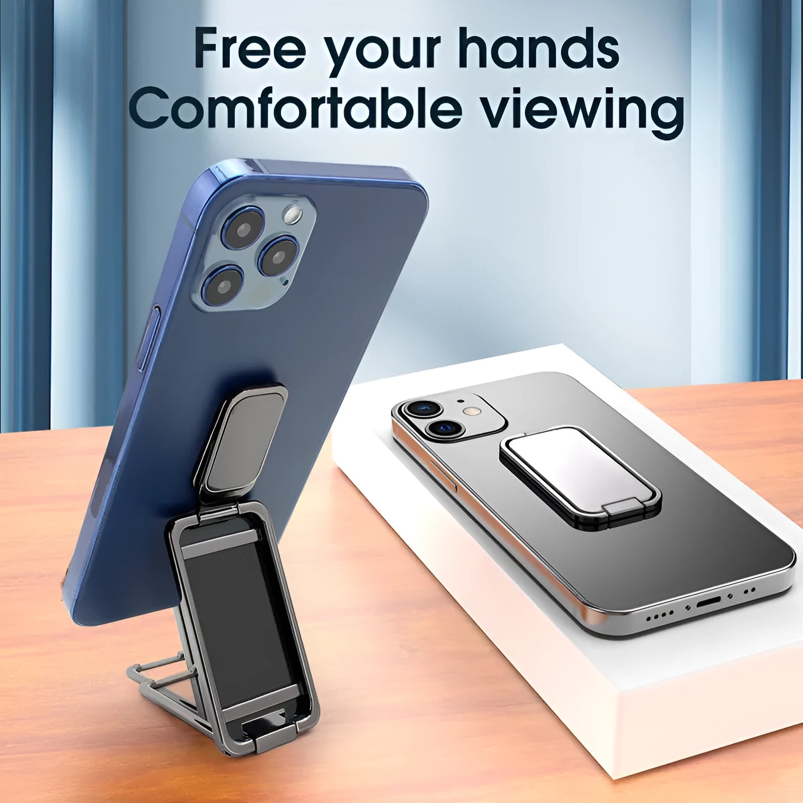 Foldable mobile phone holder with ring buckle adjustable stand and magnetic car bracket
