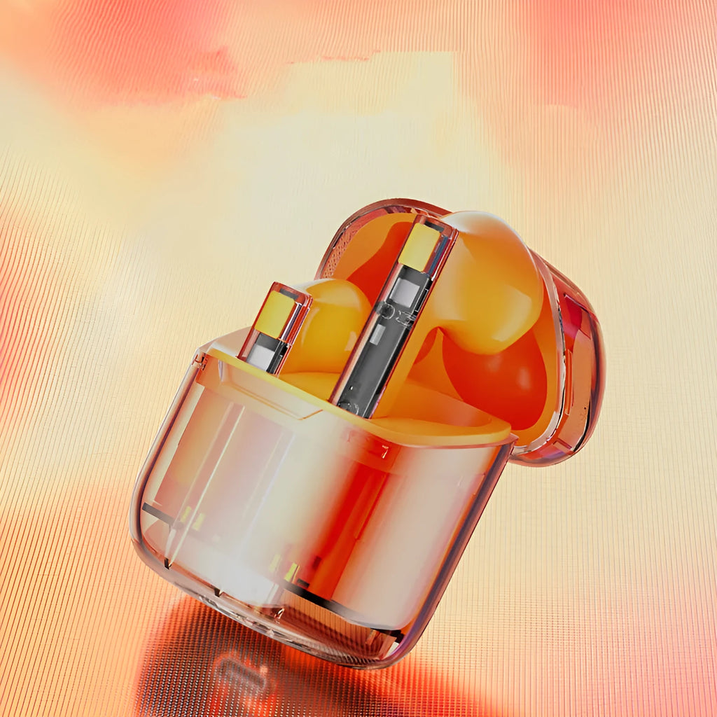YX06 transparent case wireless TWS headphones in black, green, orange, or white colours