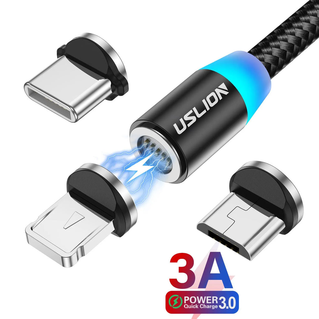 Magnetic three-in-one fast charging data cable with 2m length for iPhone and Android in black
