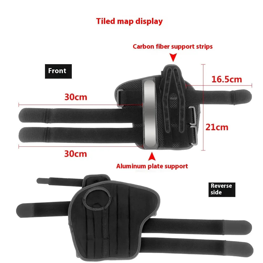 Black carbon fibre sports wrist guard with thumb strap and grey edging for left or right hand wearing