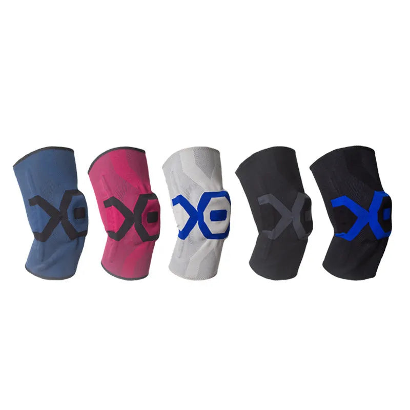 Silicone knee pad for men in a two-tone colour, shown flexed to demonstrate fit, for running, cycling, and fitness protection.