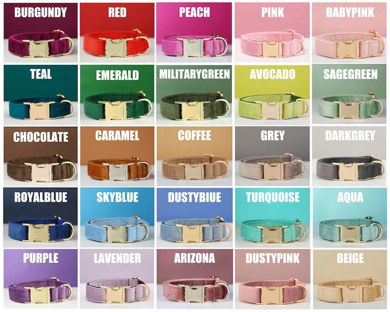 Velvet dog collar set with metal buckle and bow tie in multiple colour options sizes XS to XXL