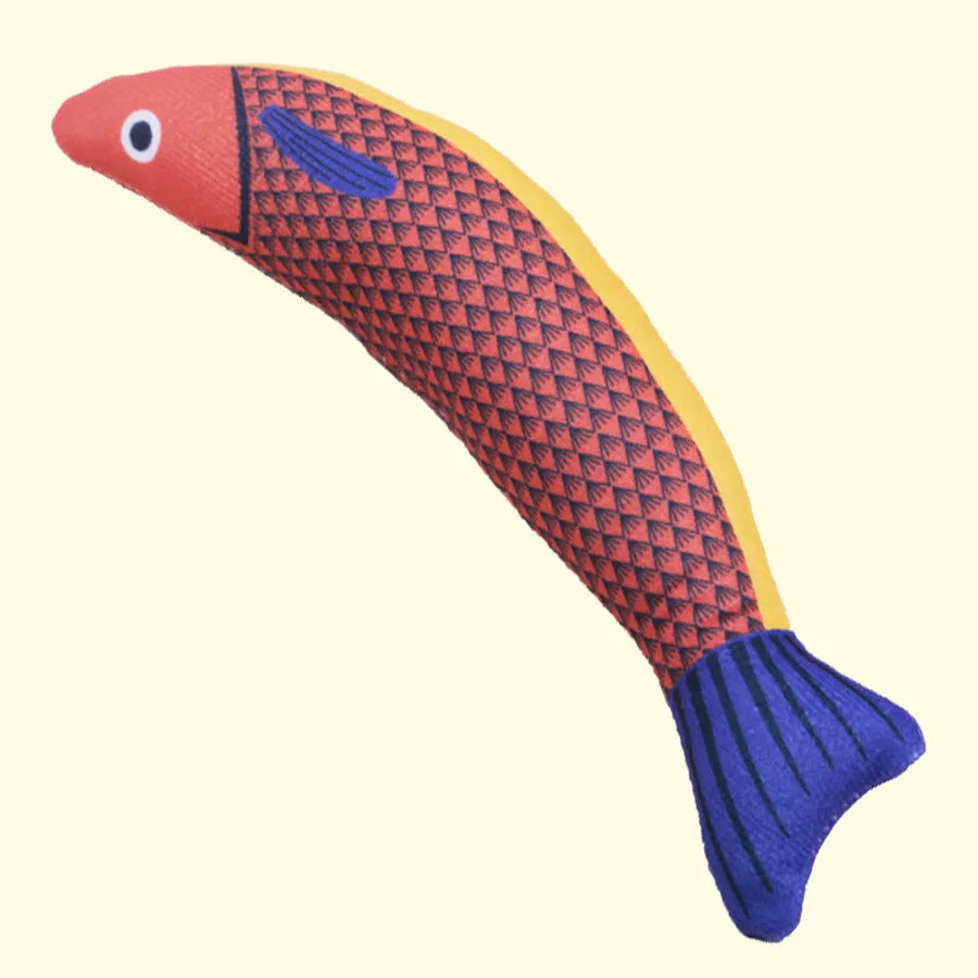 Catnip fish kicker toy in green, orange, or yellow with soft plush and cotton construction