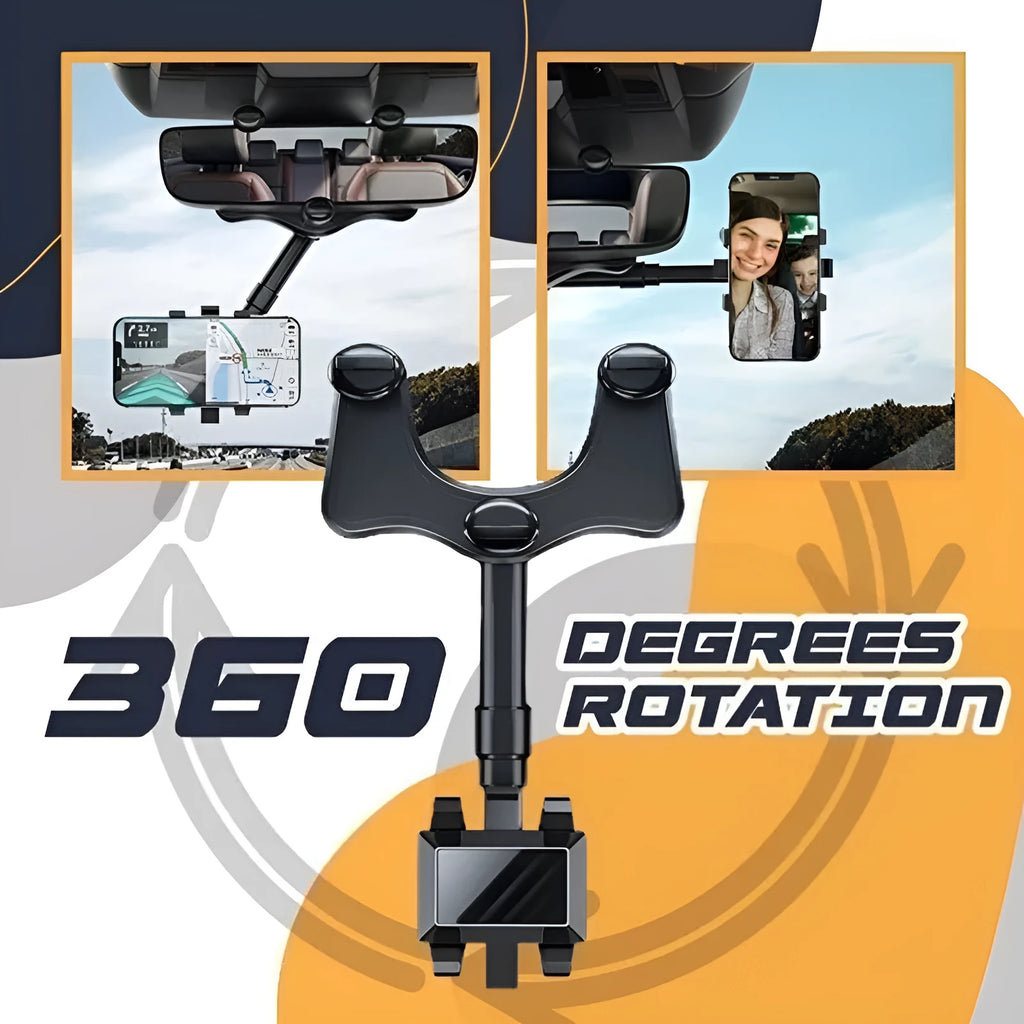 Black rearview mirror car phone holder with retractable arm and 360-degree rotating phone clip.